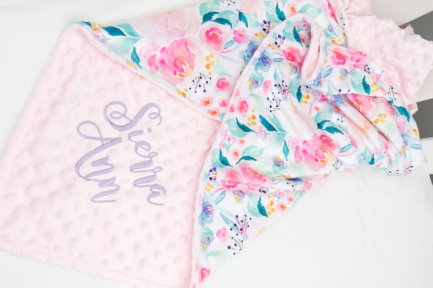 Embroidered Personalised Minky Dot Blanket - "Bright Floral"