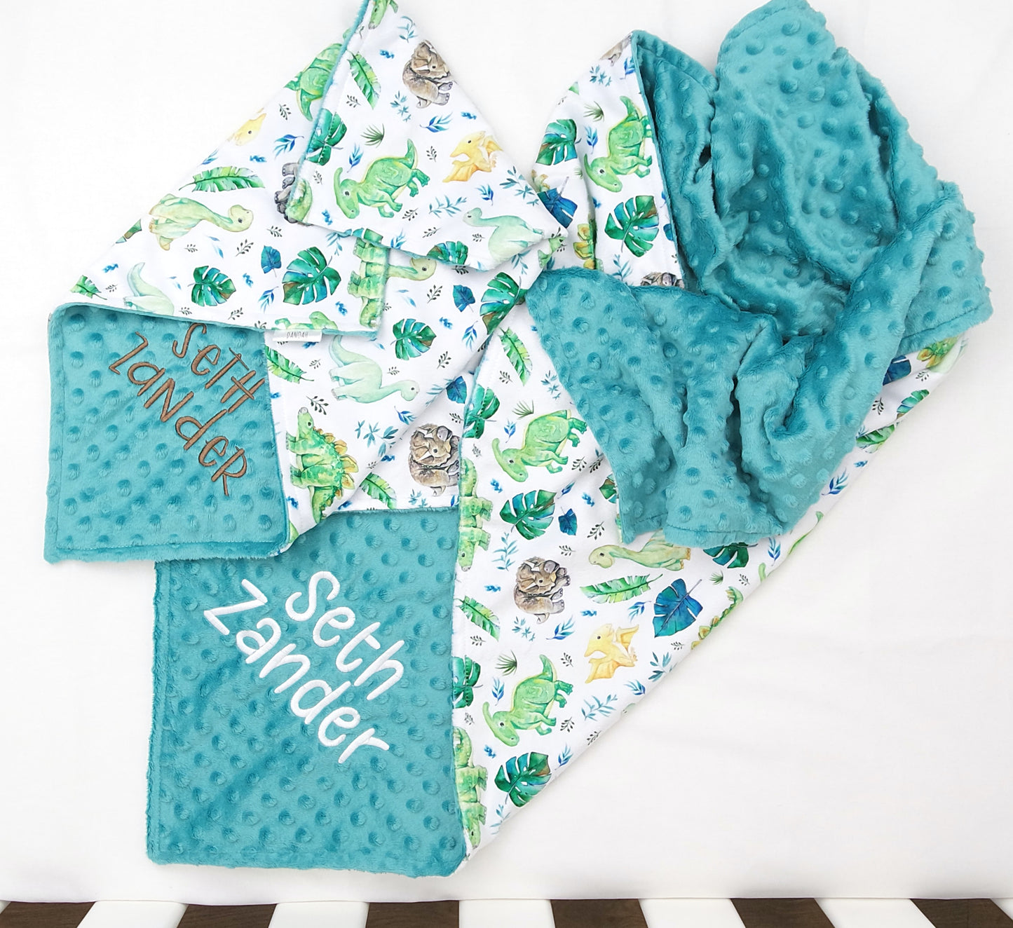 Embroidered Personalised Minky Dot Blanket - "Dinosaur"