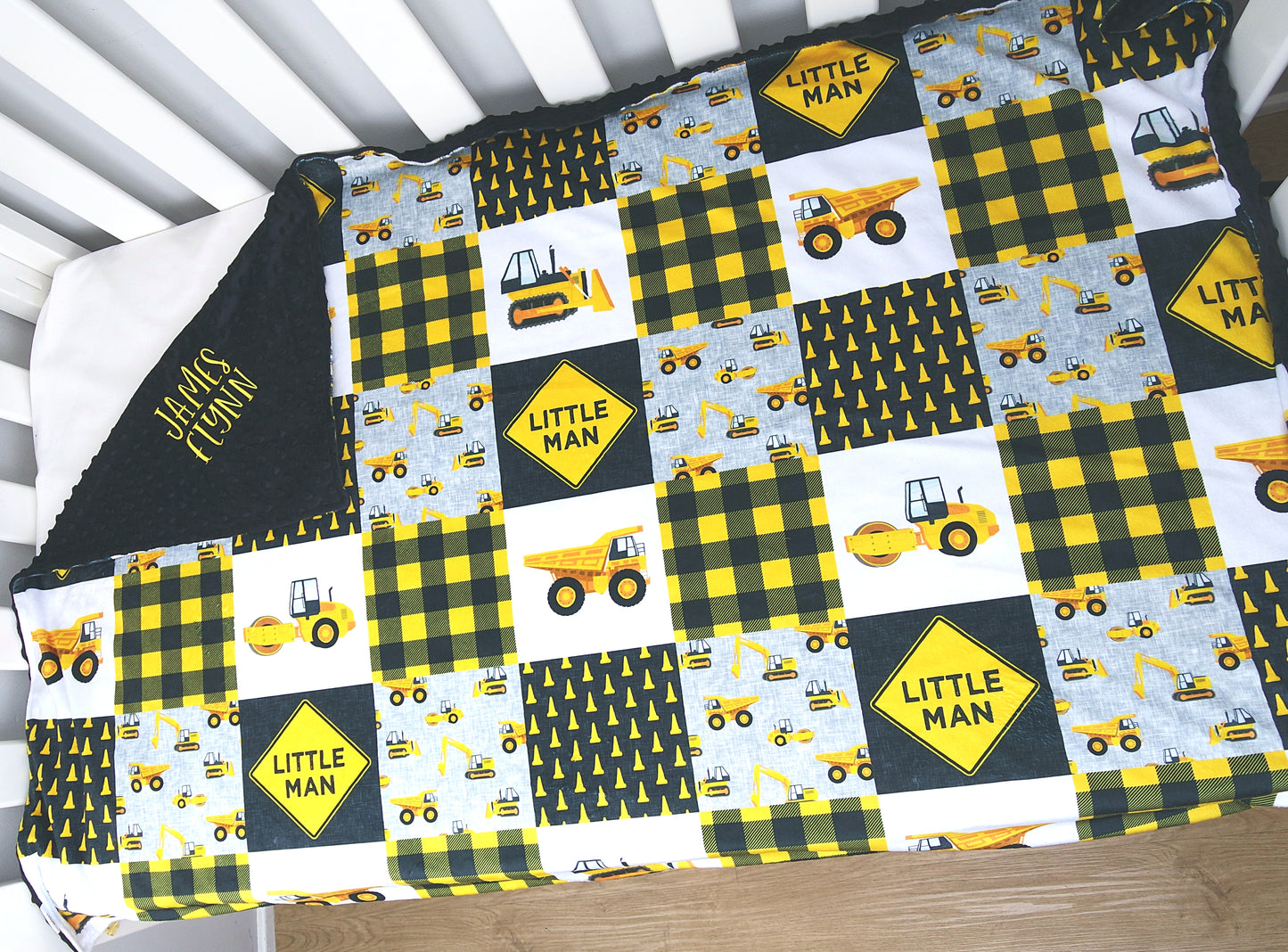 Embroidered Personalised Minky Dot Blanket - "Yellow Construction"