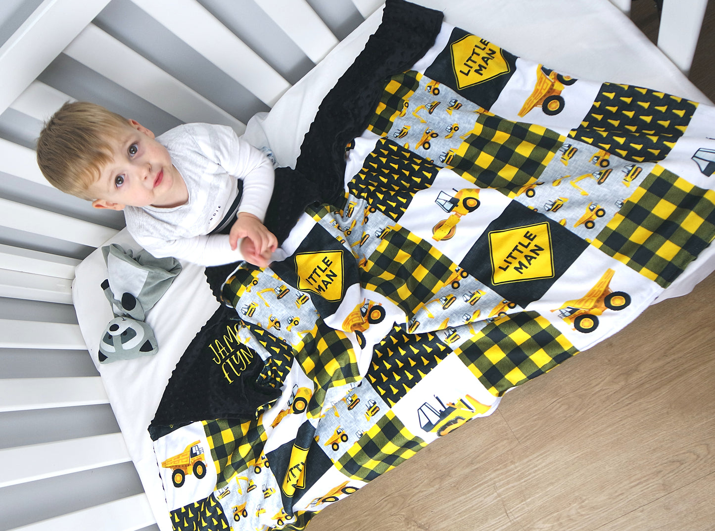 Embroidered Personalised Minky Dot Blanket - "Yellow Construction"