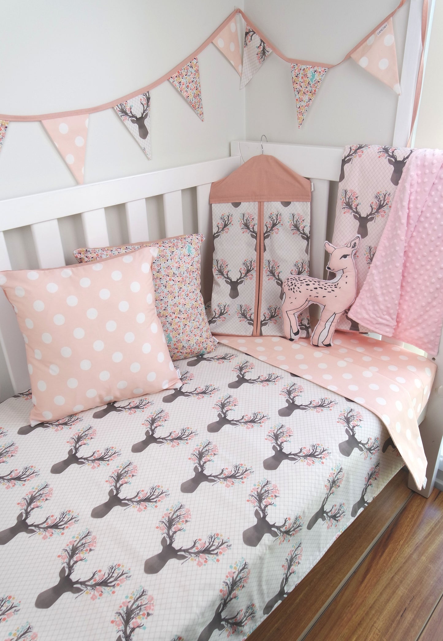 Deer Head & Pink Polka Dot Reversible Cot Quilt