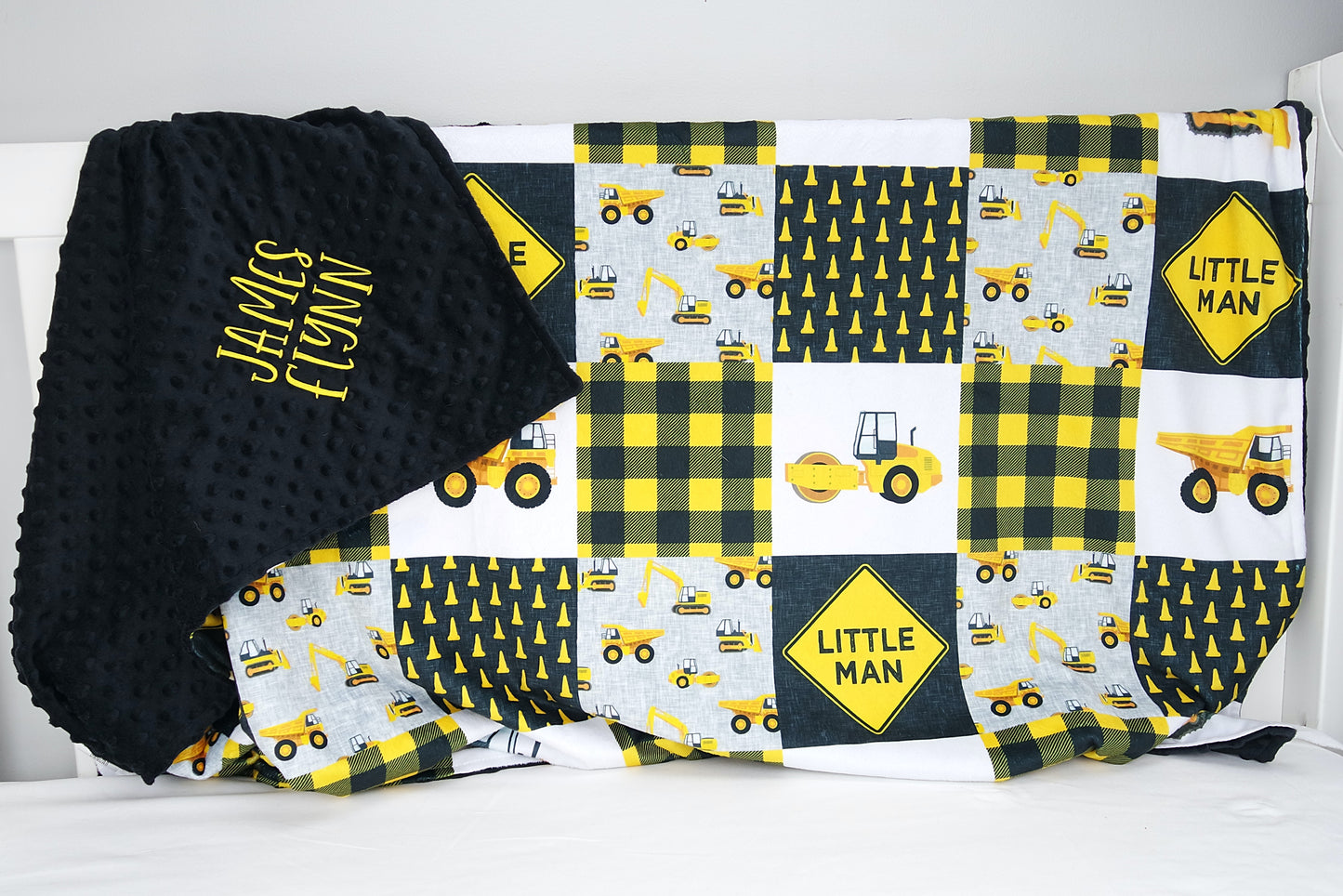 Embroidered Personalised Minky Dot Blanket - "Yellow Construction"