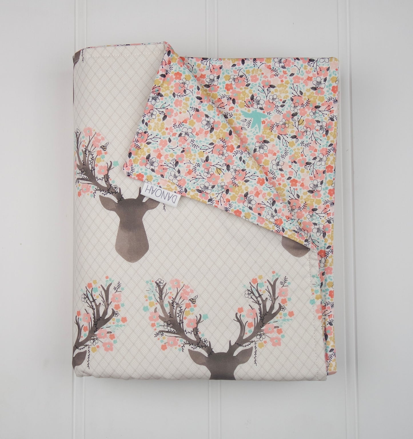 Deer Head & Pastel Flowers Reversible Cot Quilt