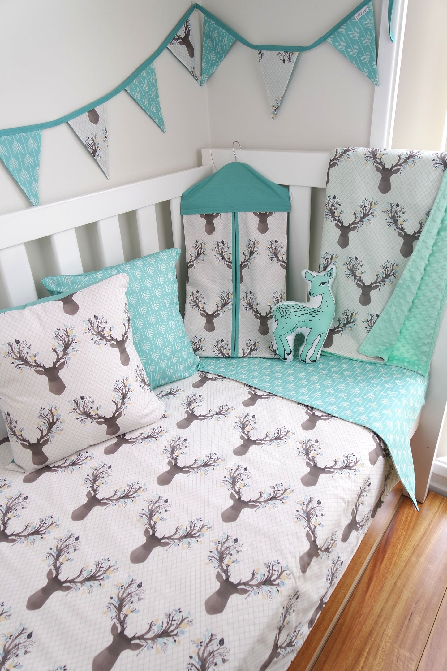 Deer Head & Aqua Arrow Reversible Cot Quilt