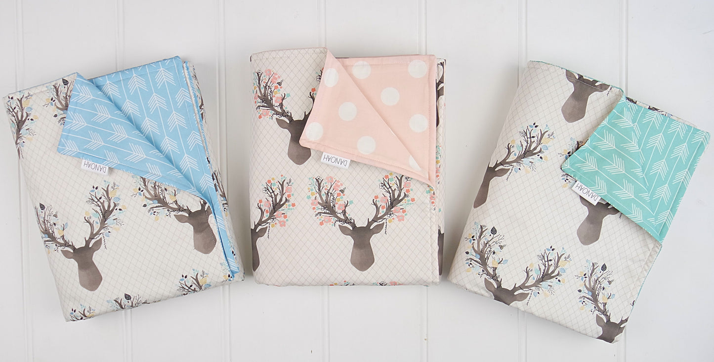Deer Head & Aqua Arrow Reversible Cot Quilt