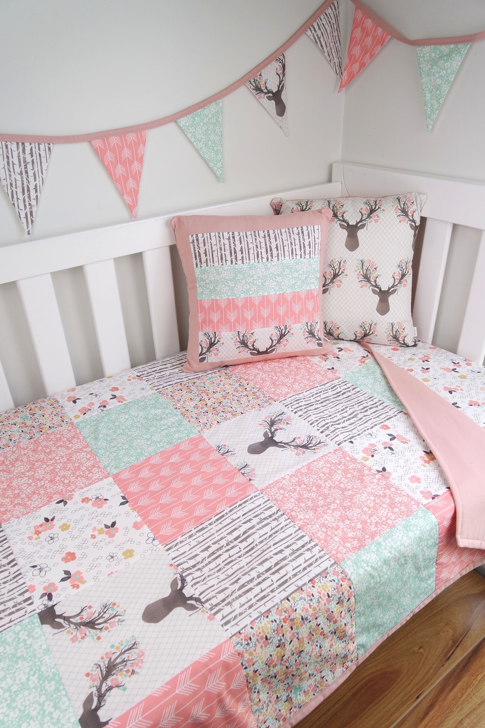 Pink & Mint Deer Patchwork Cot / Crib Quilt