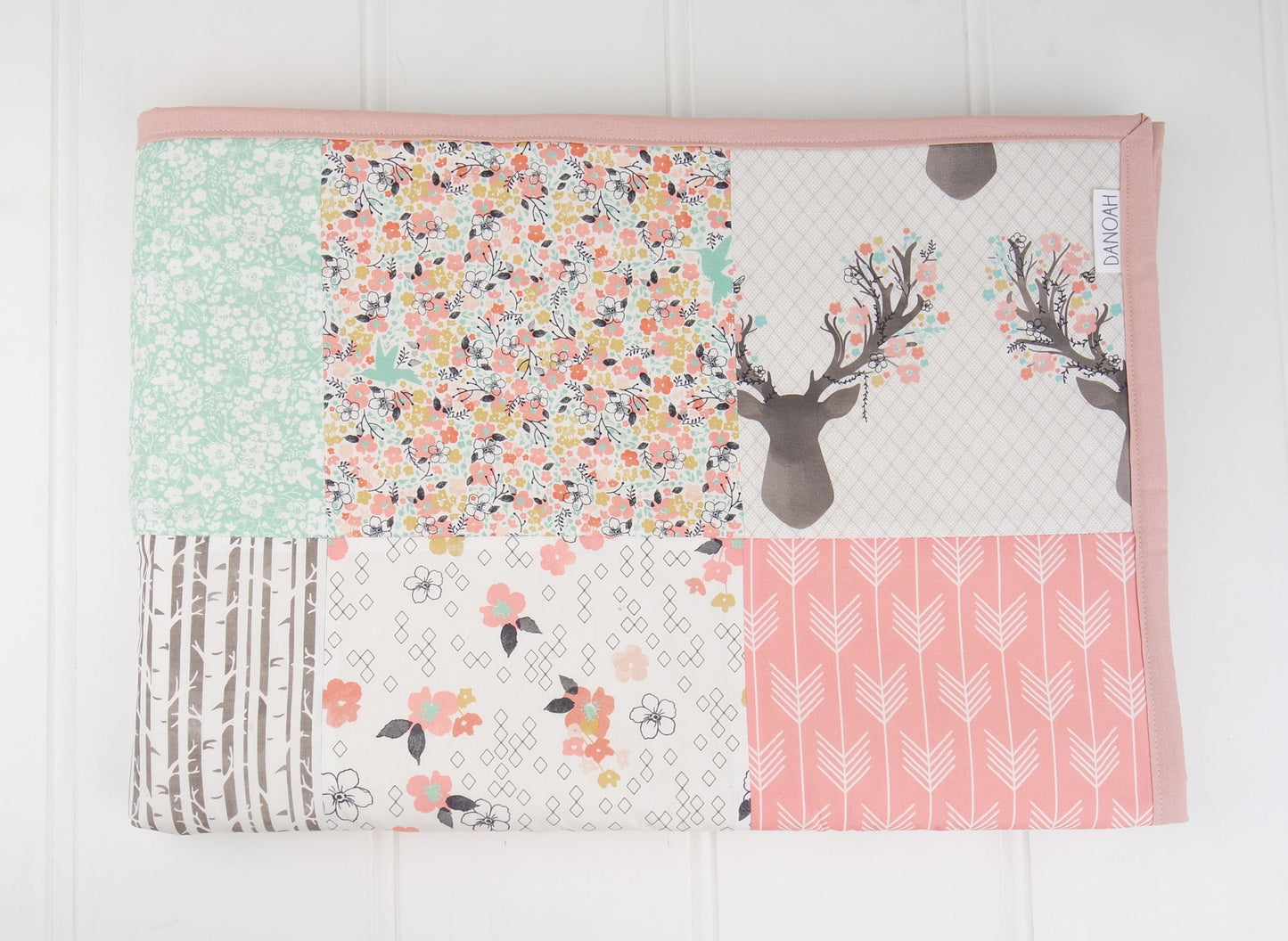 Pink & Mint Deer Patchwork Quilt