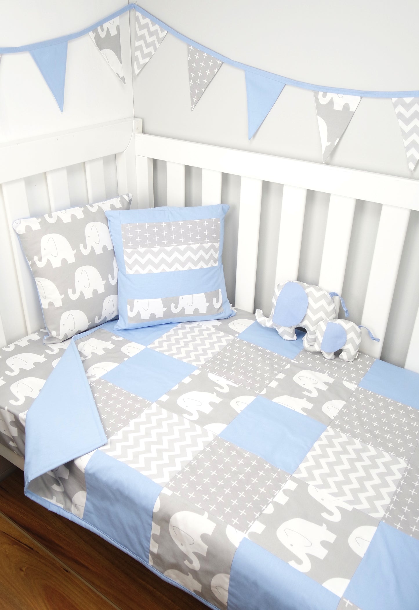 Baby Blue & Grey Elephant Patchwork Quilt