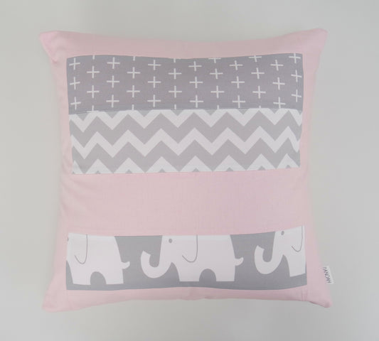 Pink & Grey Elephant Patchwork Cushion Cover