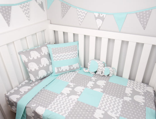 Mint & Grey Elephant Patchwork Quilt