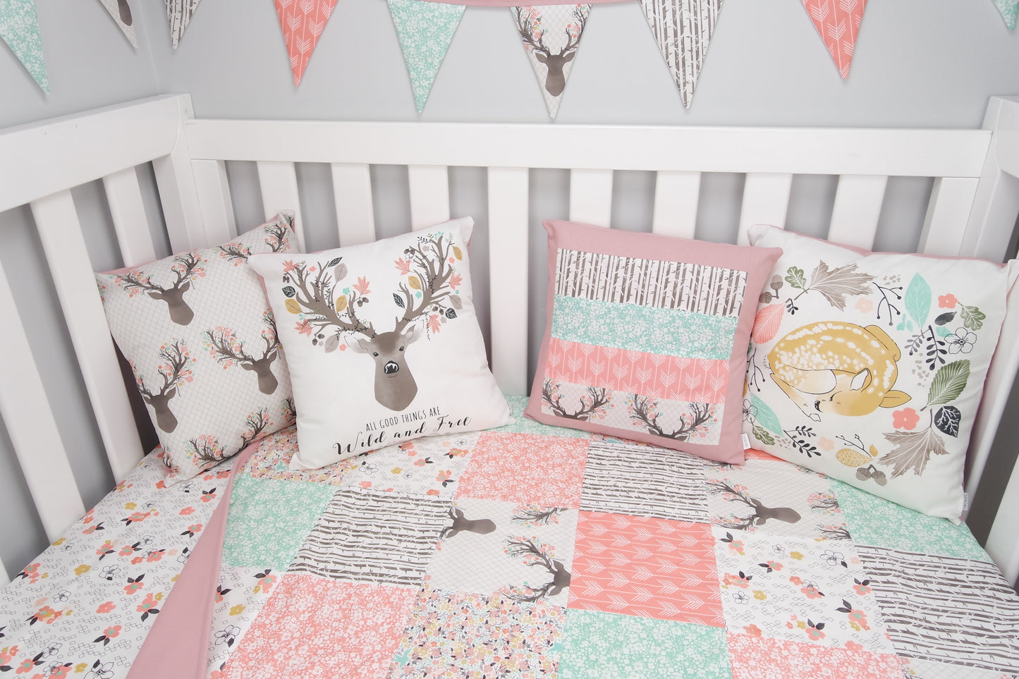 Pink & Mint Deer Patchwork Quilt