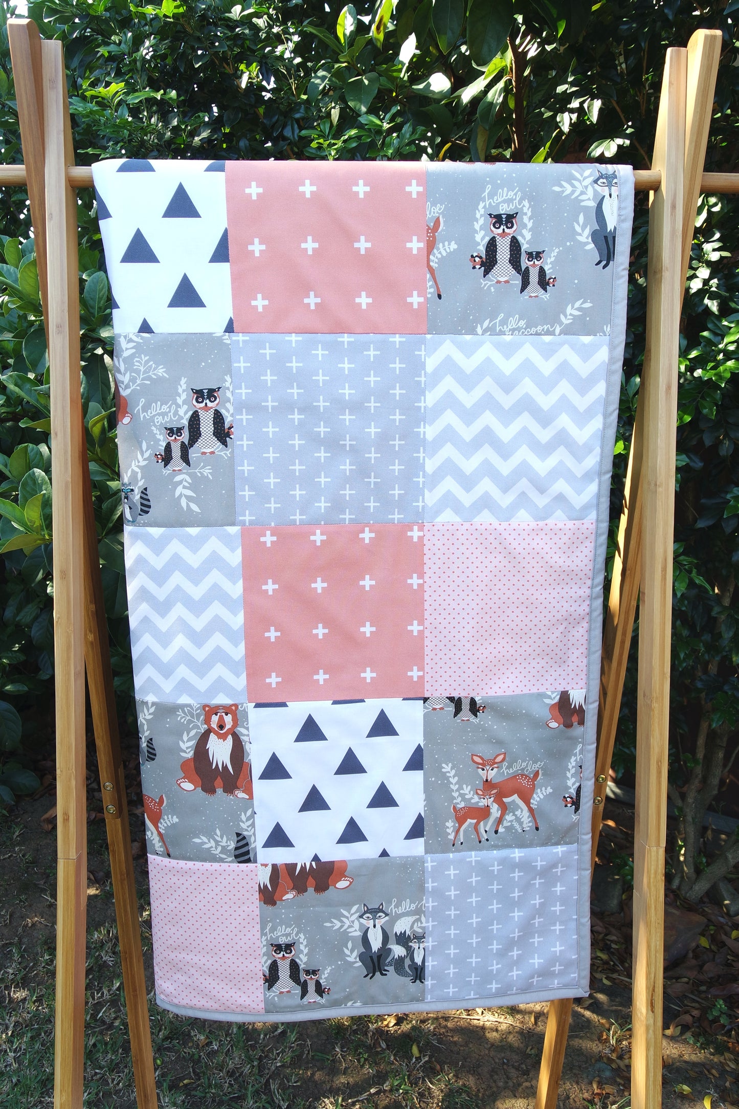 Peach & Grey Woodland Patchwork Quilt