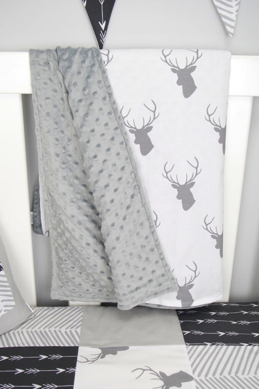 Grey & White Deer Head Minky Baby Blanket