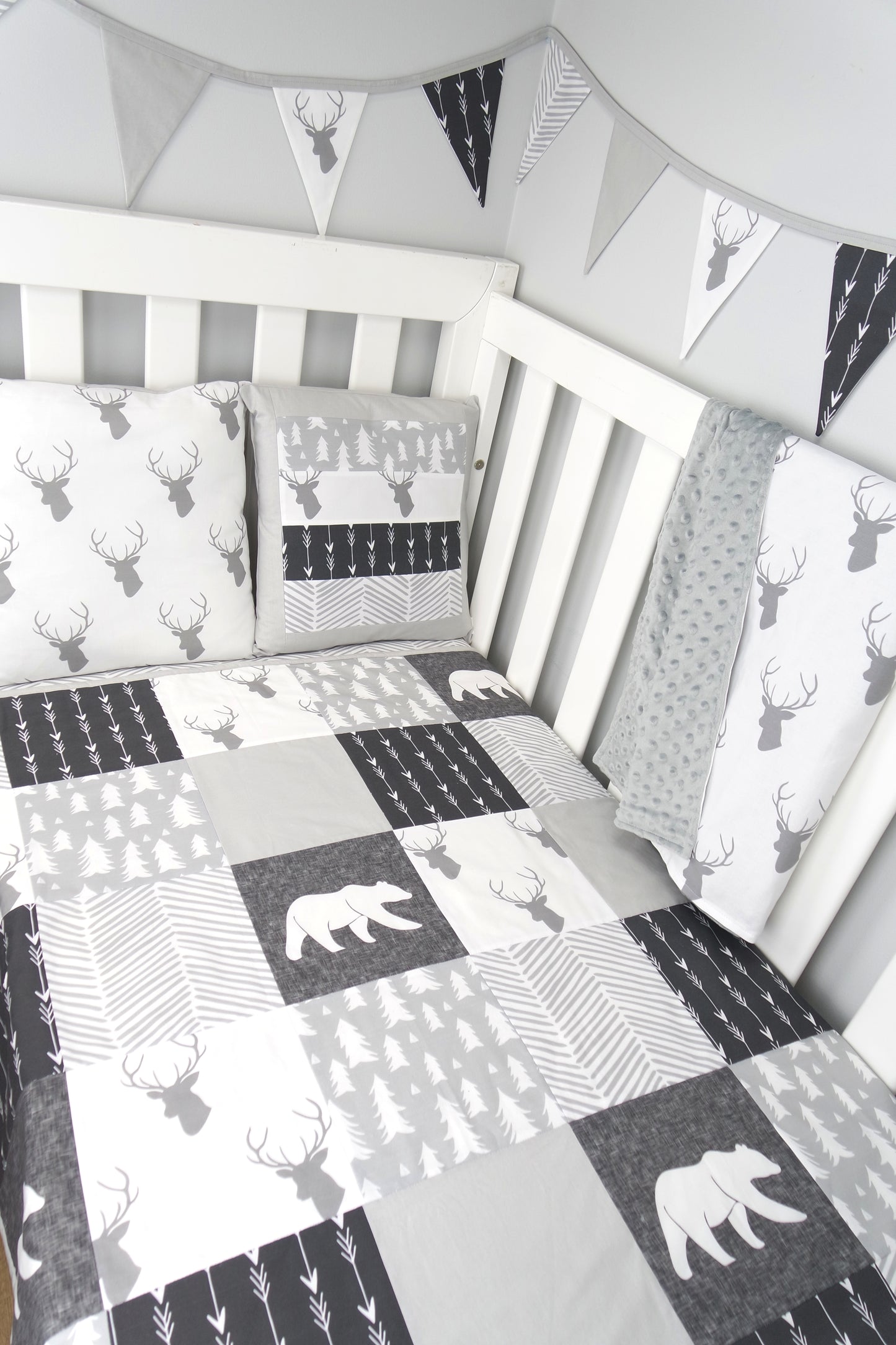 Grey & White Deer Head Minky Baby Blanket