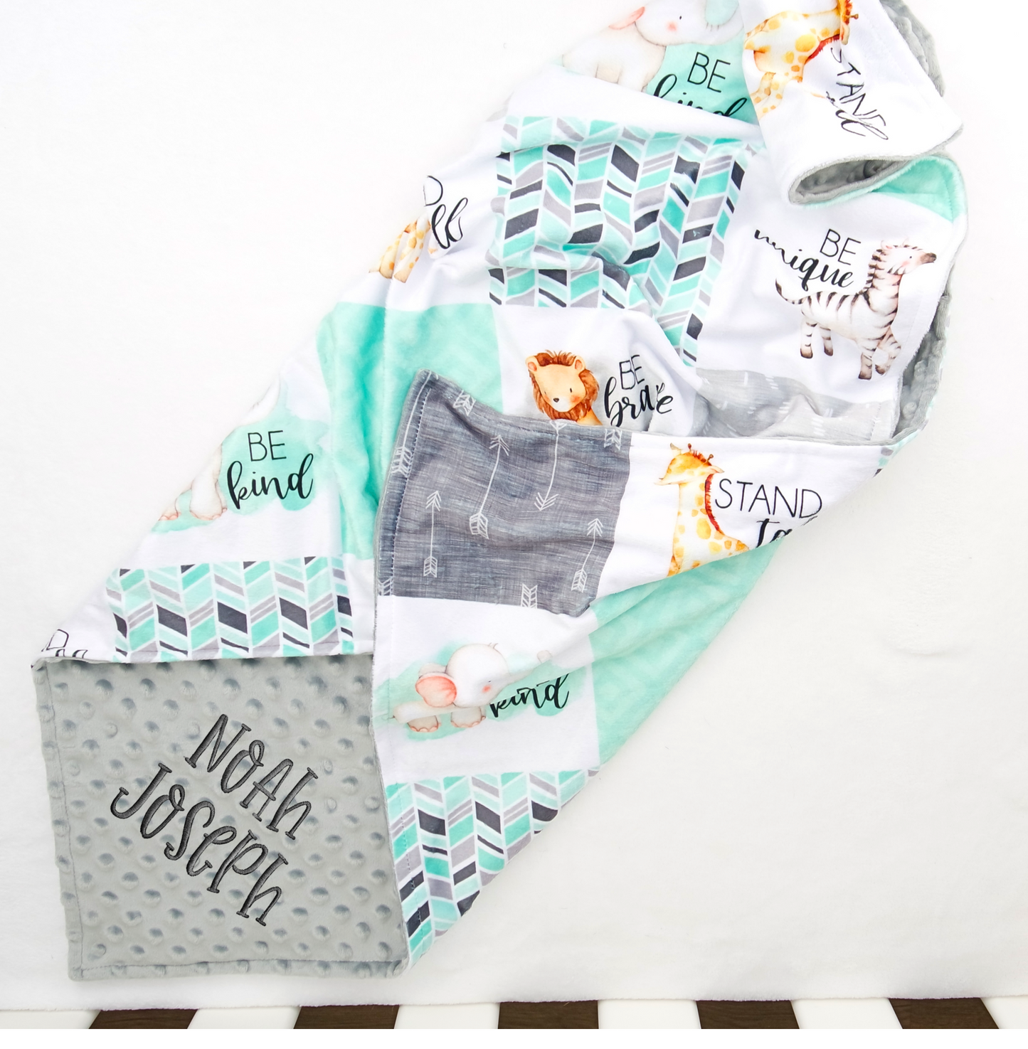 Embroidered Personalised Minky Dot Blanket - "Courageous Animals Mint"