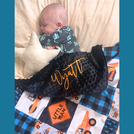 Personalised Deluxe Minky Dot Blanket - "Blue Construction"