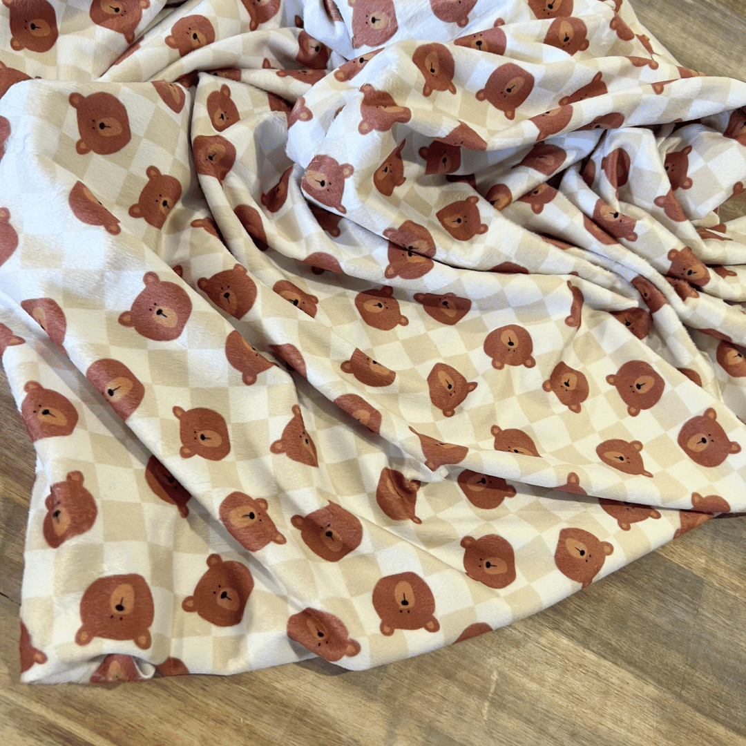 Personalised Deluxe Minky Dot Blanket - "Brown Checkered Teddy Bears"