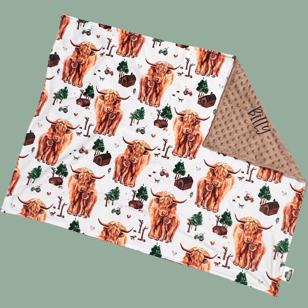 Personalised Deluxe Minky Dot Blanket - "Farming Highland Cow"