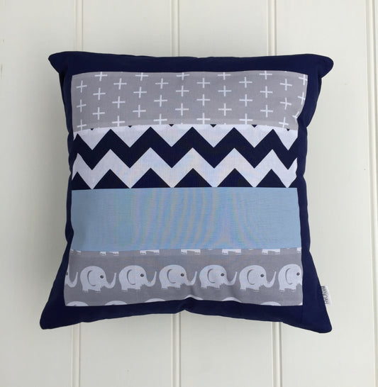 Two Blue & Grey Elephant Patchwork Cushion Cover