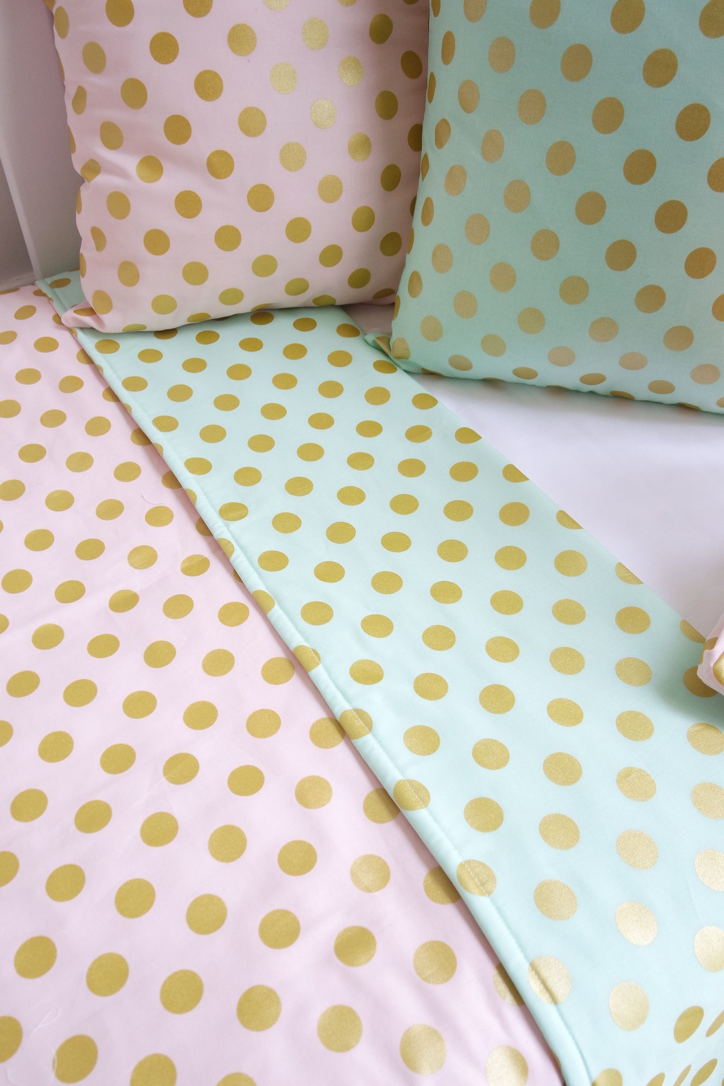 Pink Aqua & Gold Dot Reversible Cot Quilt