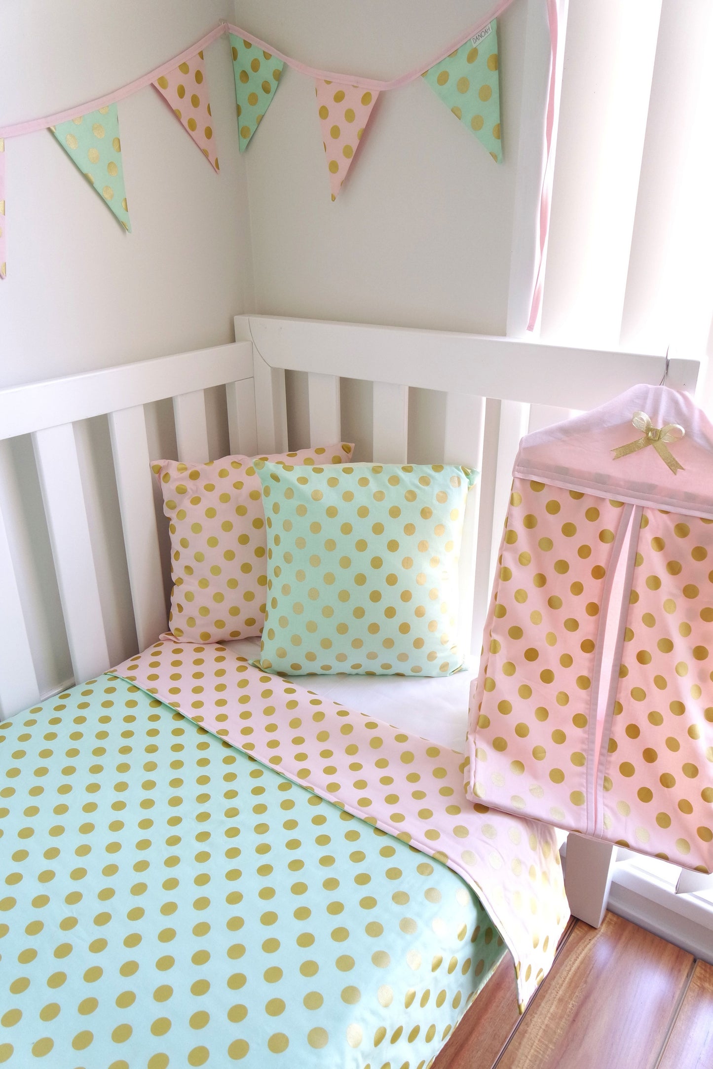 Pink Aqua & Gold Dot Reversible Cot Quilt