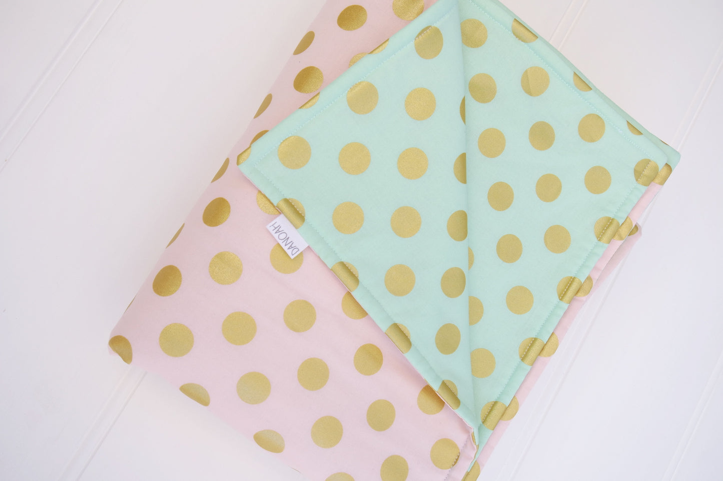 Pink Aqua & Gold Dot Reversible Cot Quilt