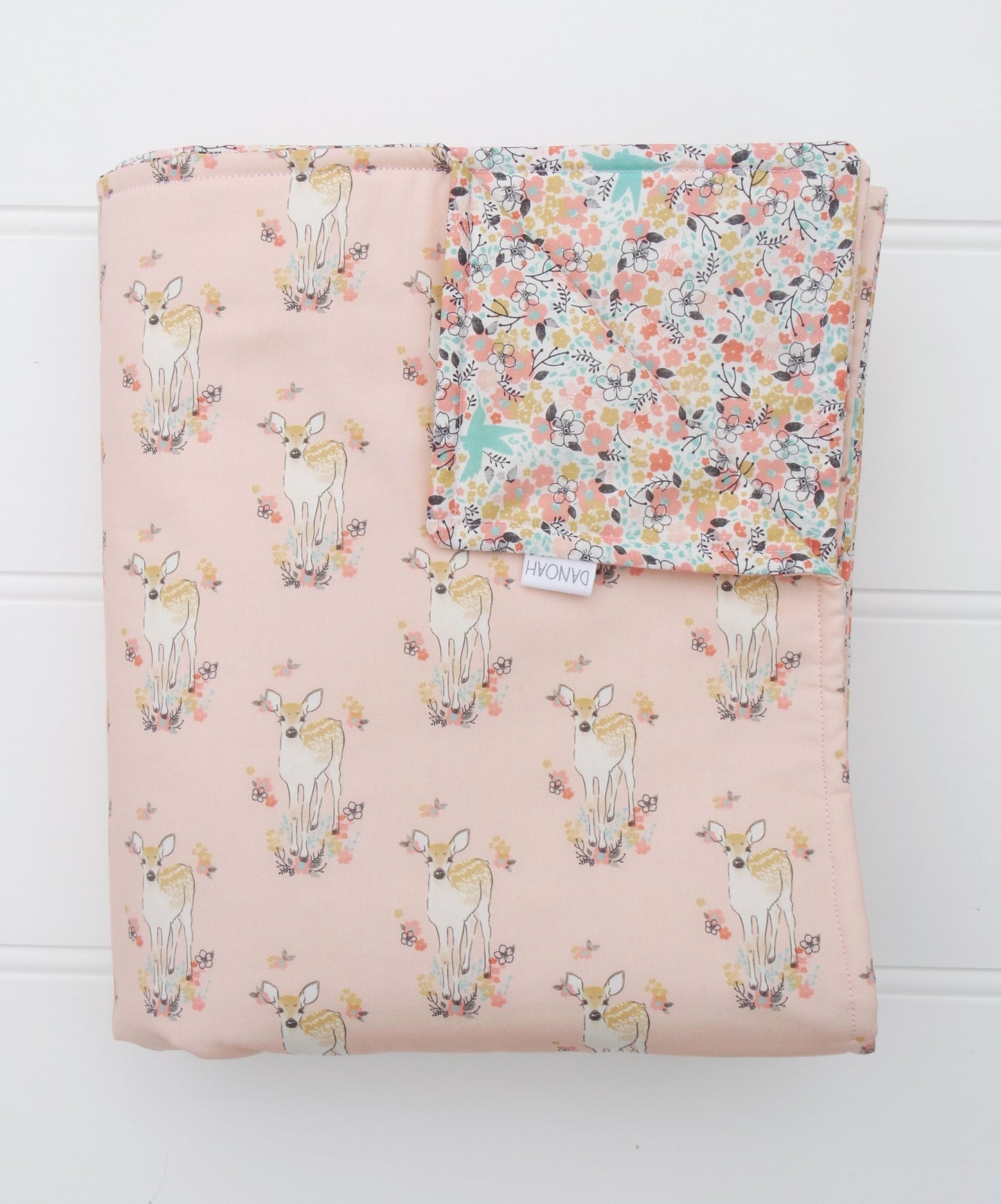 Pink Baby Deer & Pastel Flower Reversible Cot Quilt