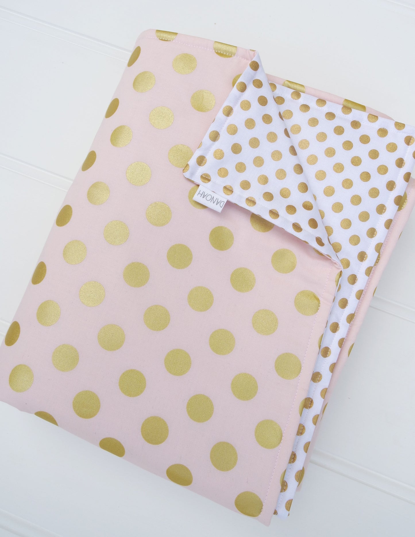 Pink White and Gold Dot Reversible Cot Quilt