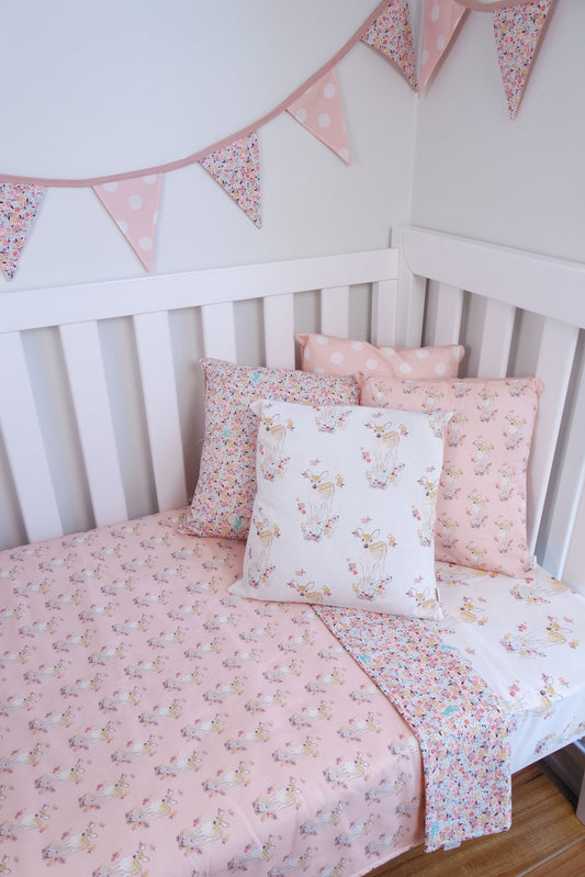 Pink Baby Deer & Pastel Flower Reversible Cot Quilt