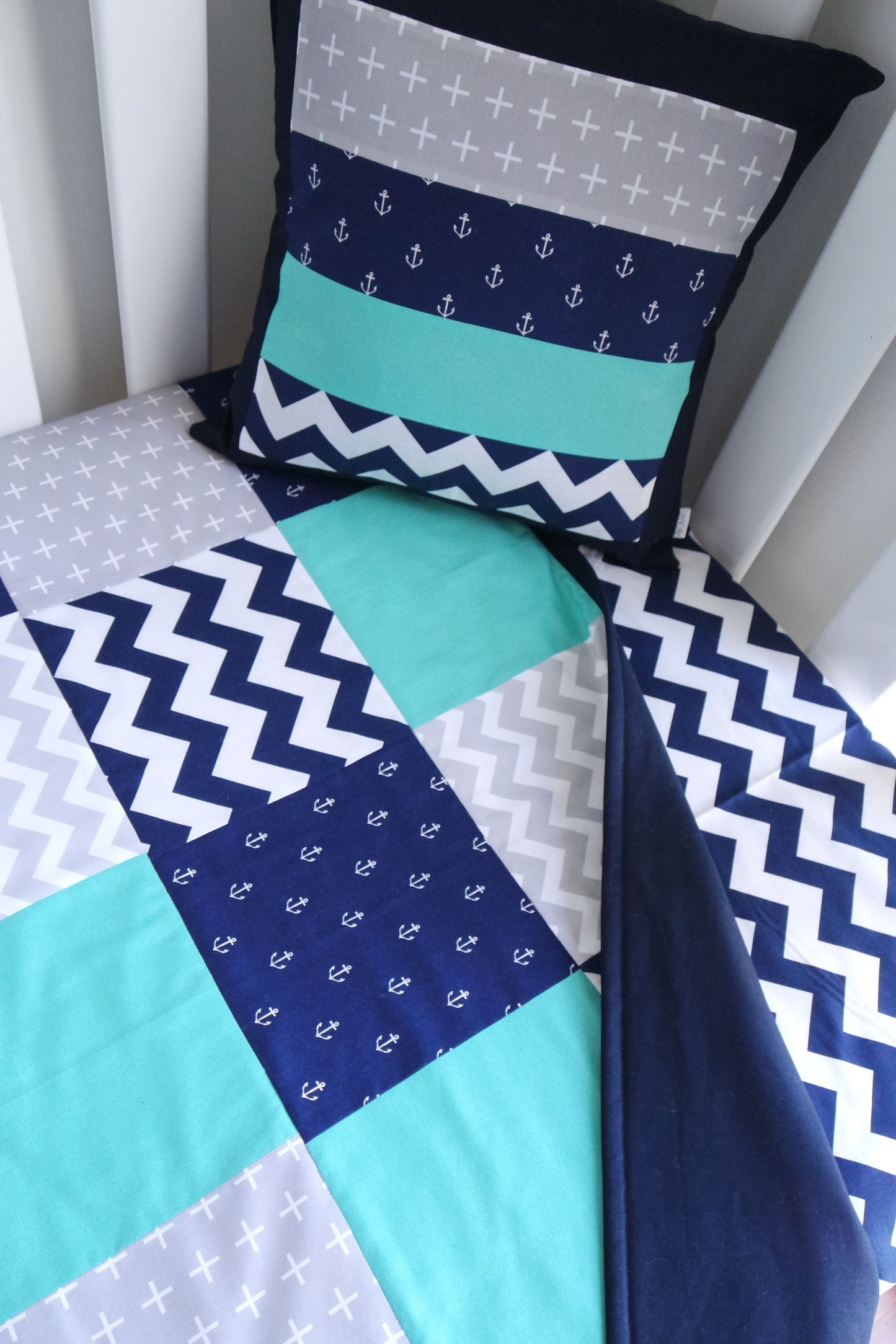 Navy Blue & Teal Anchors Patchwork Quilt
