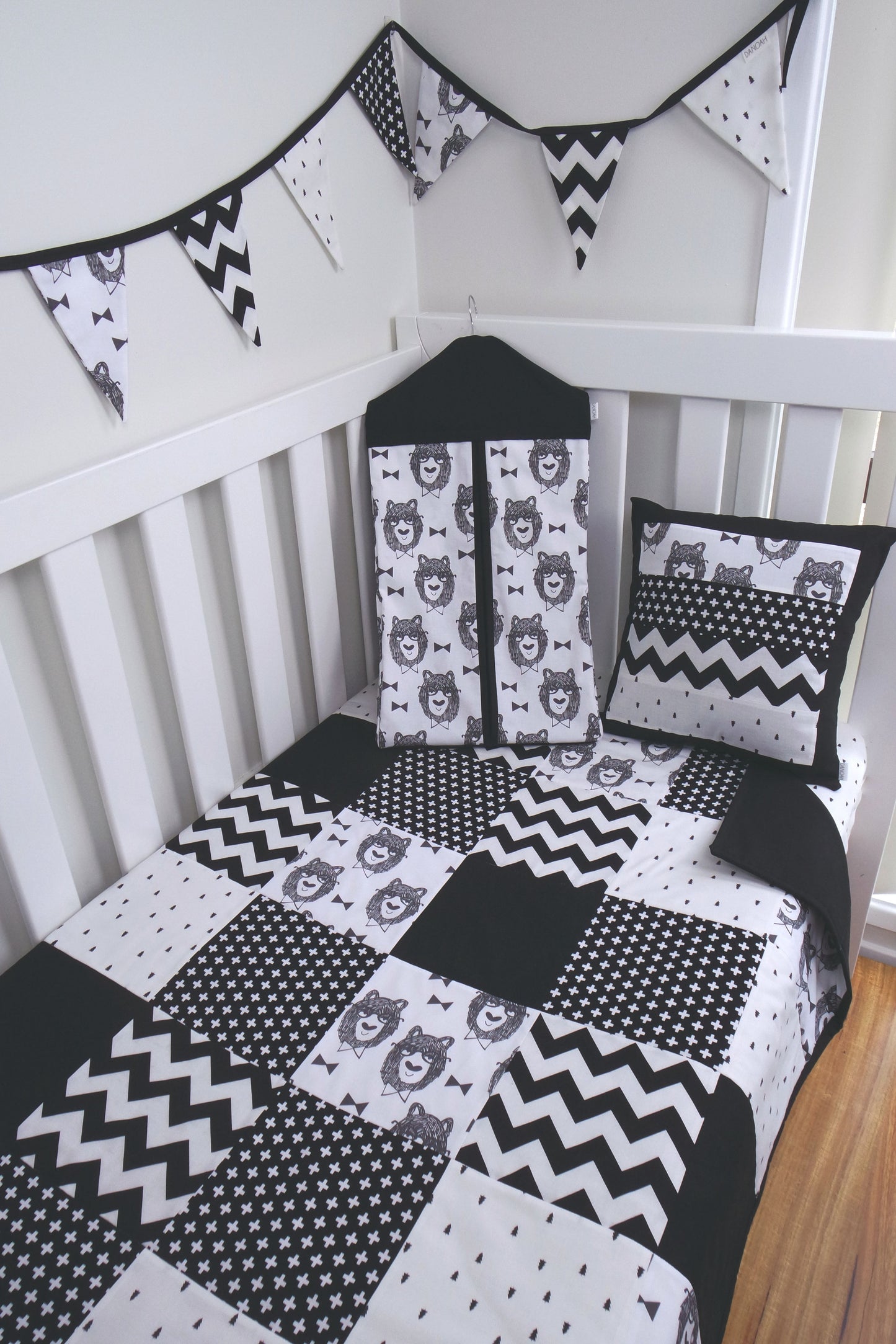 Black & White Bowtie Bear Patchwork Quilt