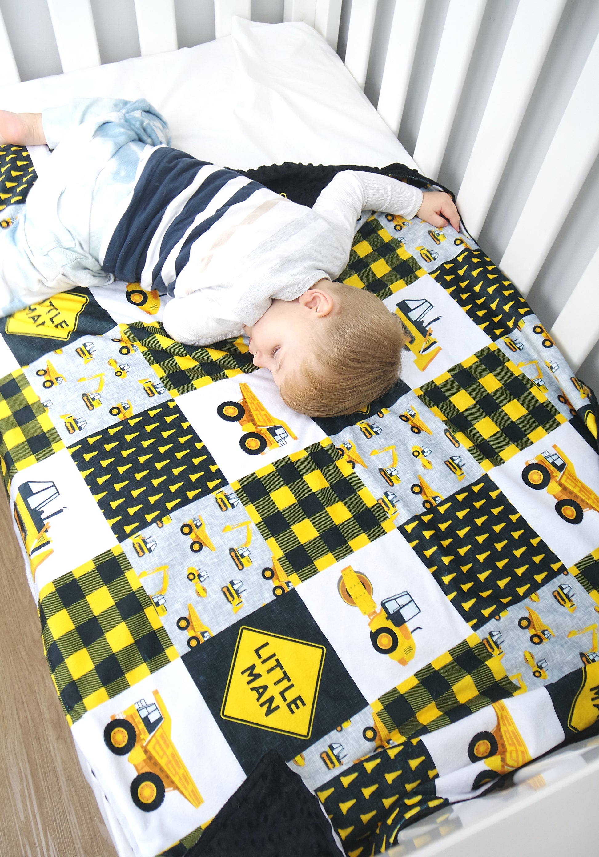 Yellow Construction Personalised Baby Blanket with kid