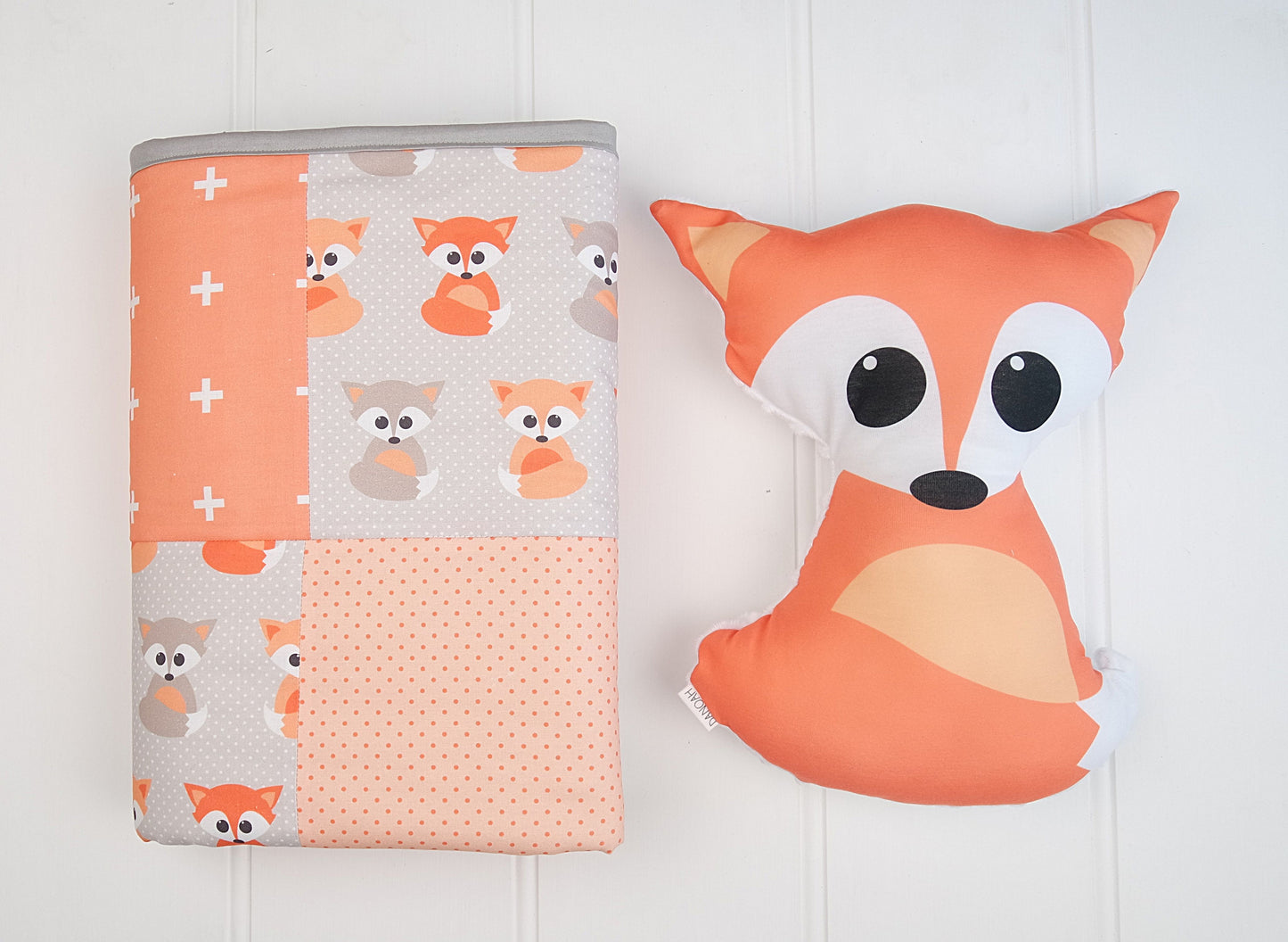 Peach & Grey Foxes Patchwork Quilt