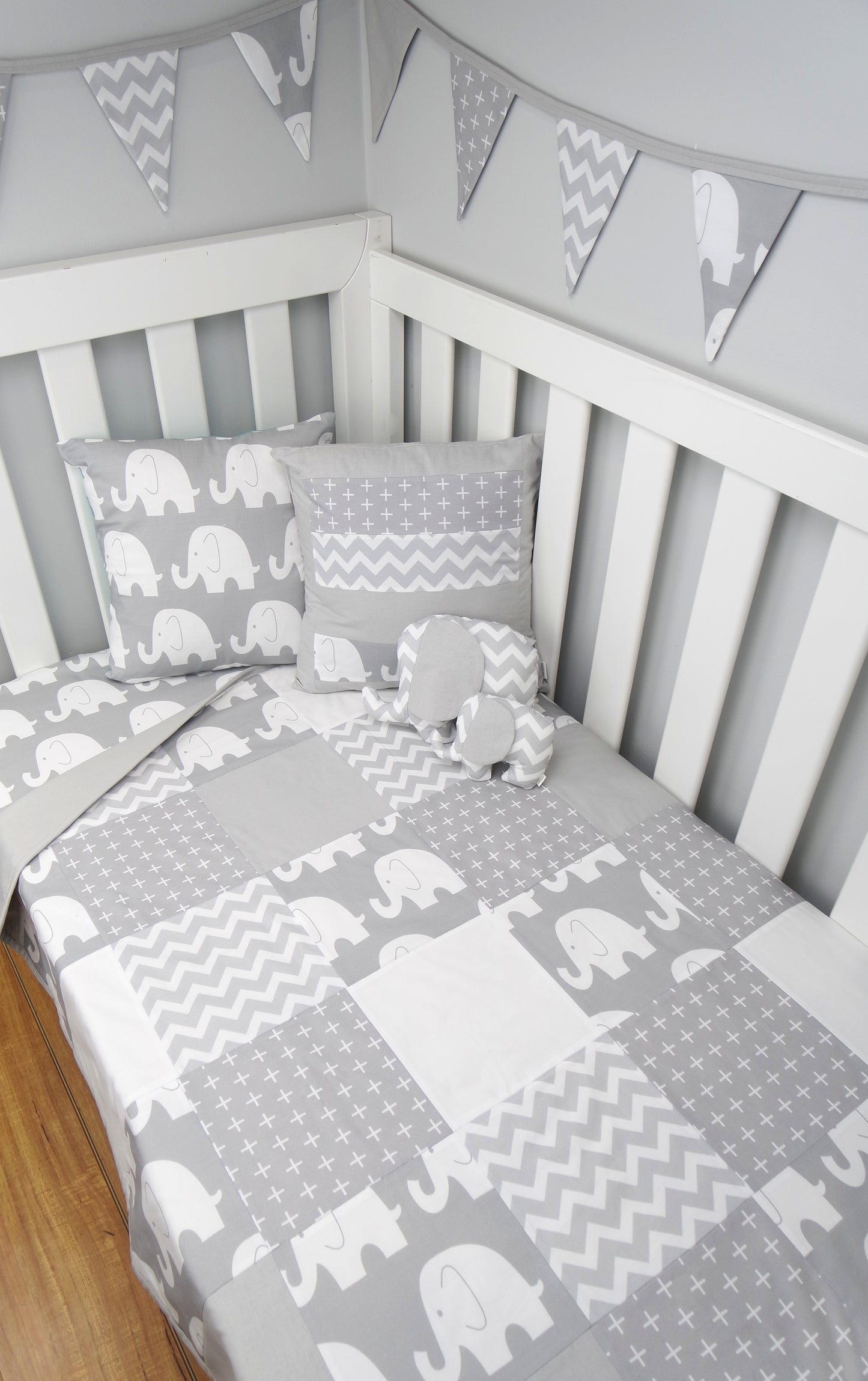 Grey & White Elephant Patchwork Quilt