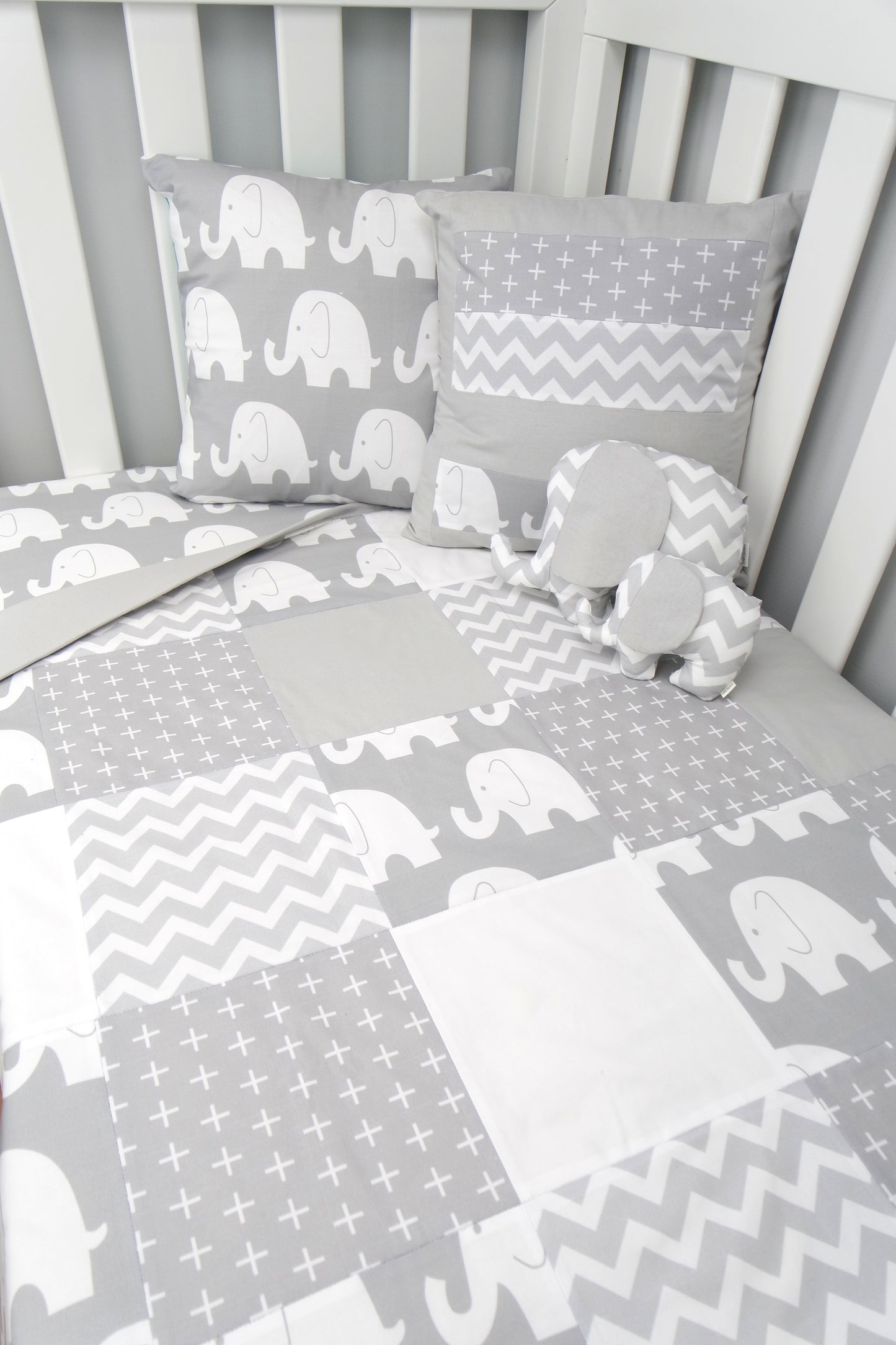 Grey & White Elephant Patchwork Quilt