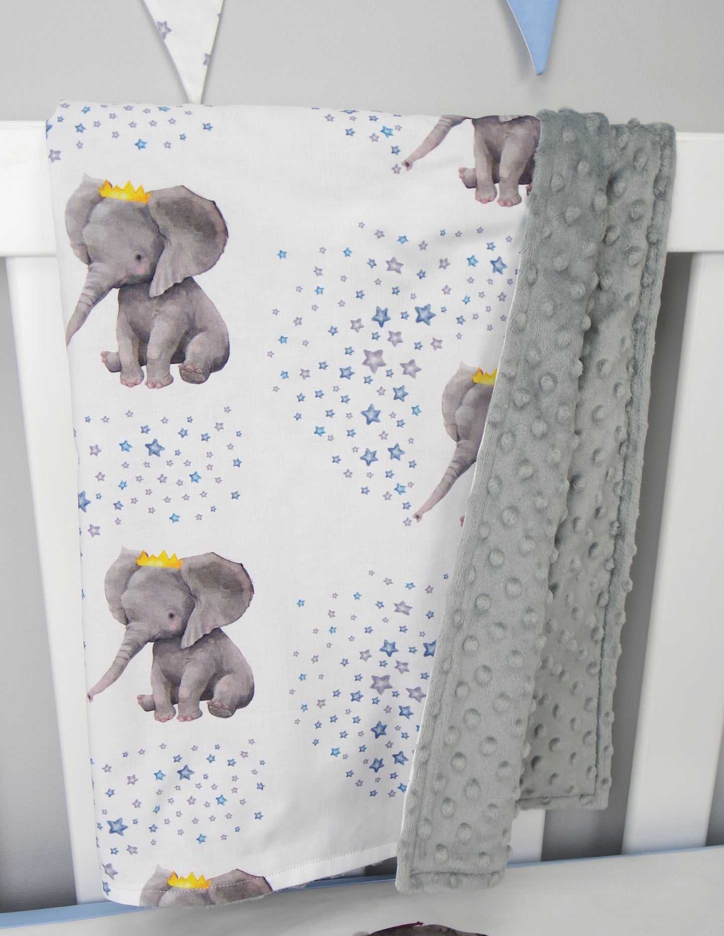 Blue Crown Elephant Minky Baby Blanket