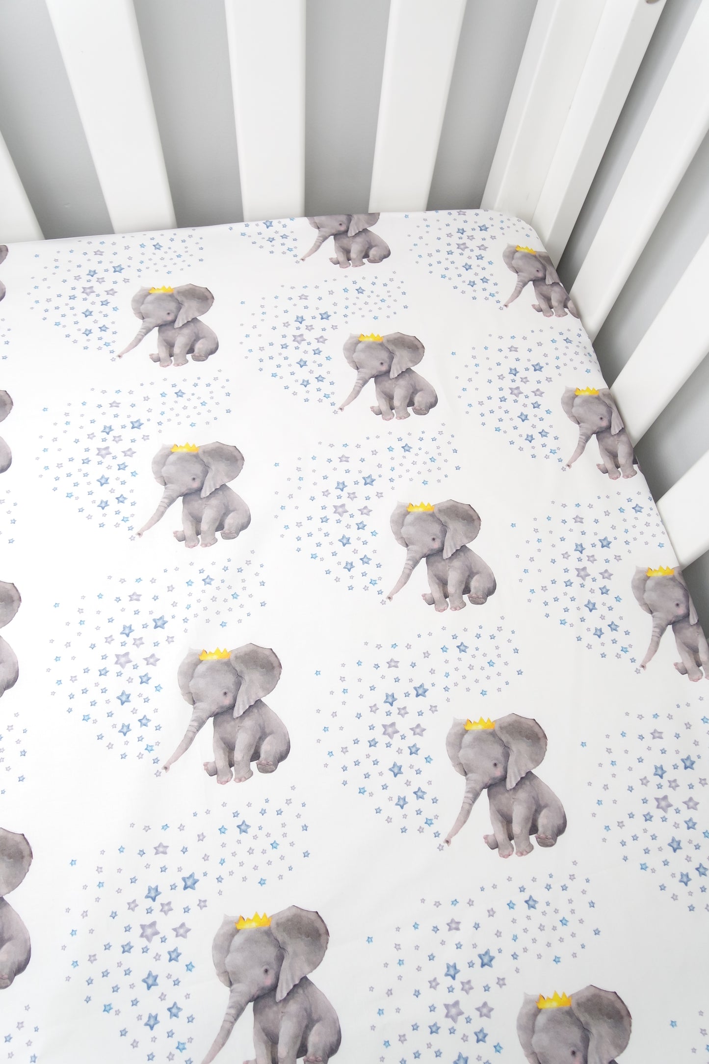 100% Cotton Cot/Bassinet Fitted Sheet or Change Table Cover - Blue Crown Elephant